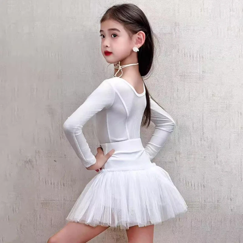 Kids Girls Latin Dance Costume Velvet Long Sleeve Bodysuit and Mesh Chiffon Skirts Rumba Chacha Performance Practice Set