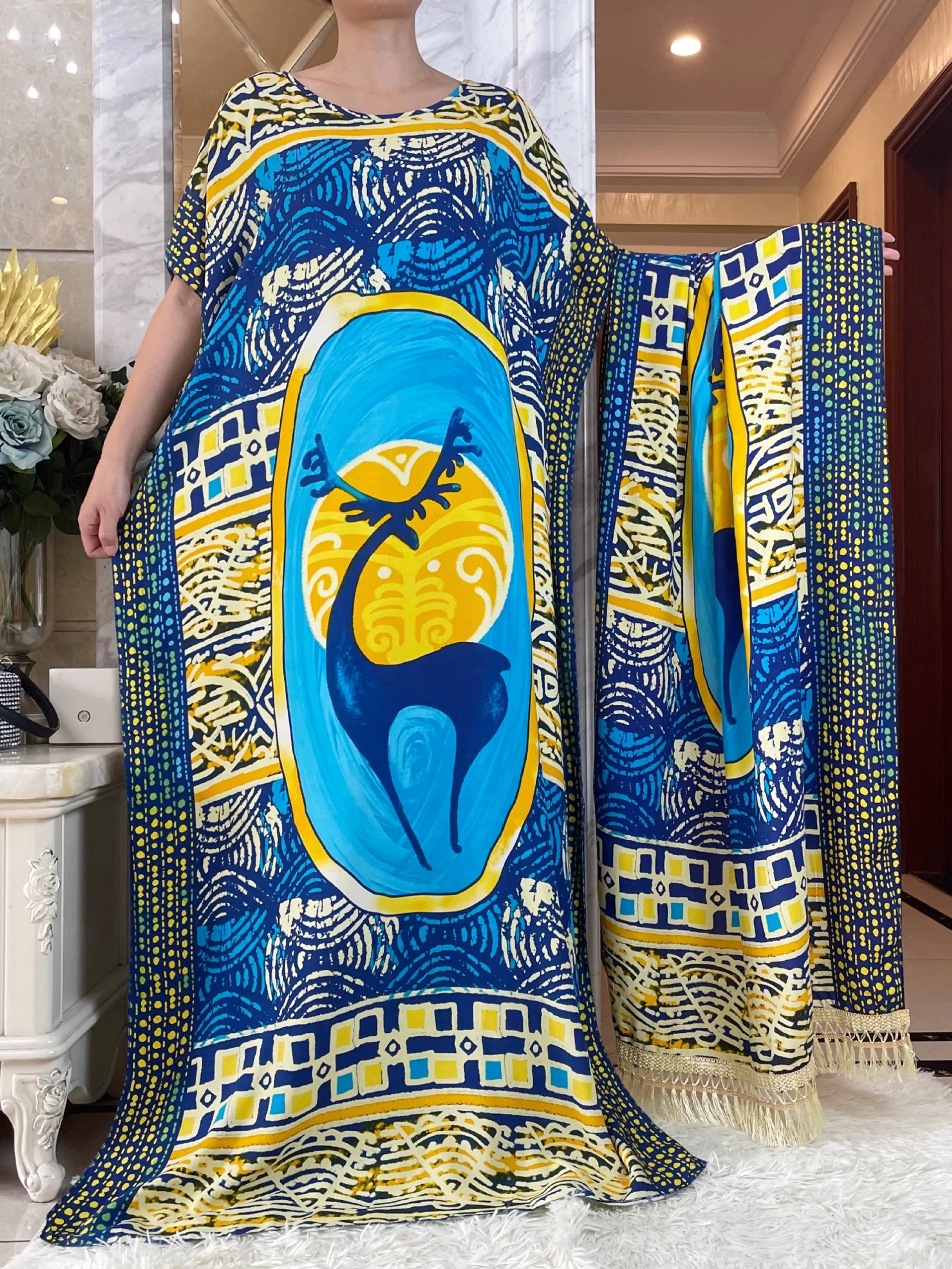 

2023 African Dashiki Dress Kaftan Abaya Cotton Boat-neck Floral Printed Short Sleeve Loose Women Casual Dress with Big Scarf