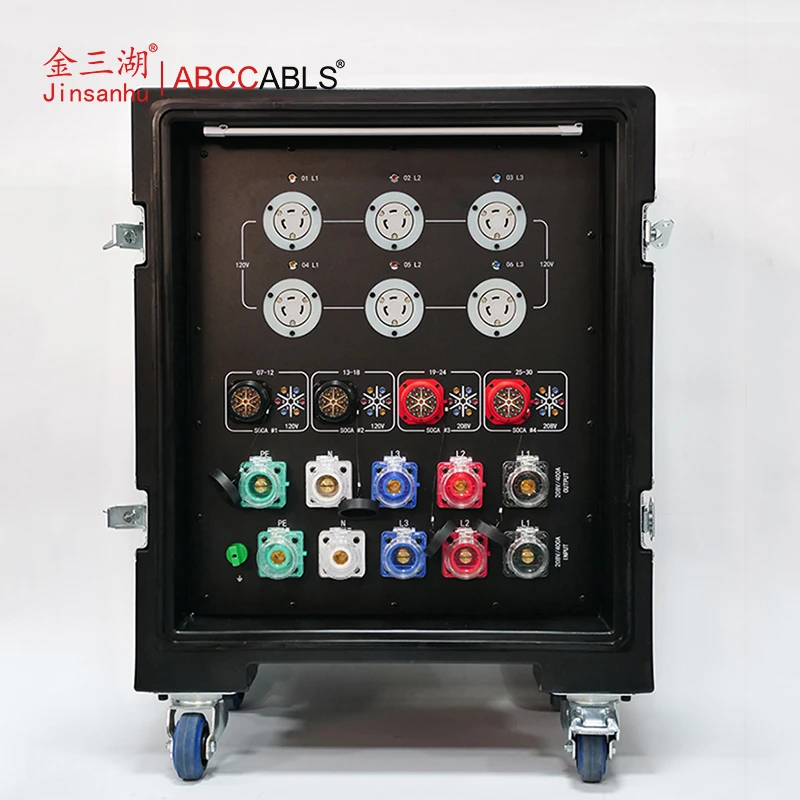 ABCCABLS 30CH 3Phase 208V/120V US Stage Power Distribution Box | 10 Sockets 200A Rated 4*19Pin Socapex + NEMA L5-20R Wheeled