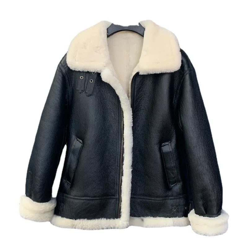 

Sheepskin Fur Mens Shearling Coat Black White Genuine Leather Jacket Male Winter Flying Motorcycle Windproof Warm Wool Overcoat