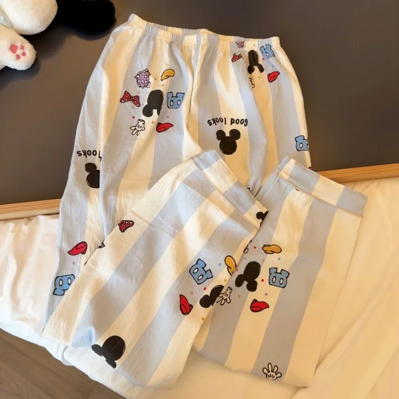 Disney Mickey autumn new cartoon cute blue striped printed pajamas female animation long-sleeved trousers loungewear set