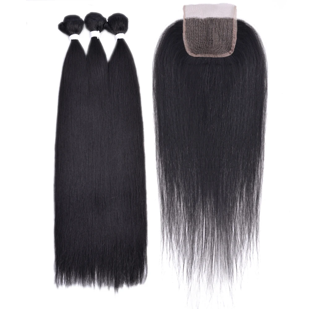 Straight Hair Bundles With Closure Synthetic Bone Straight With Lace Closure HD Transparent Swiss Lace 5*5*1 Lace Closure