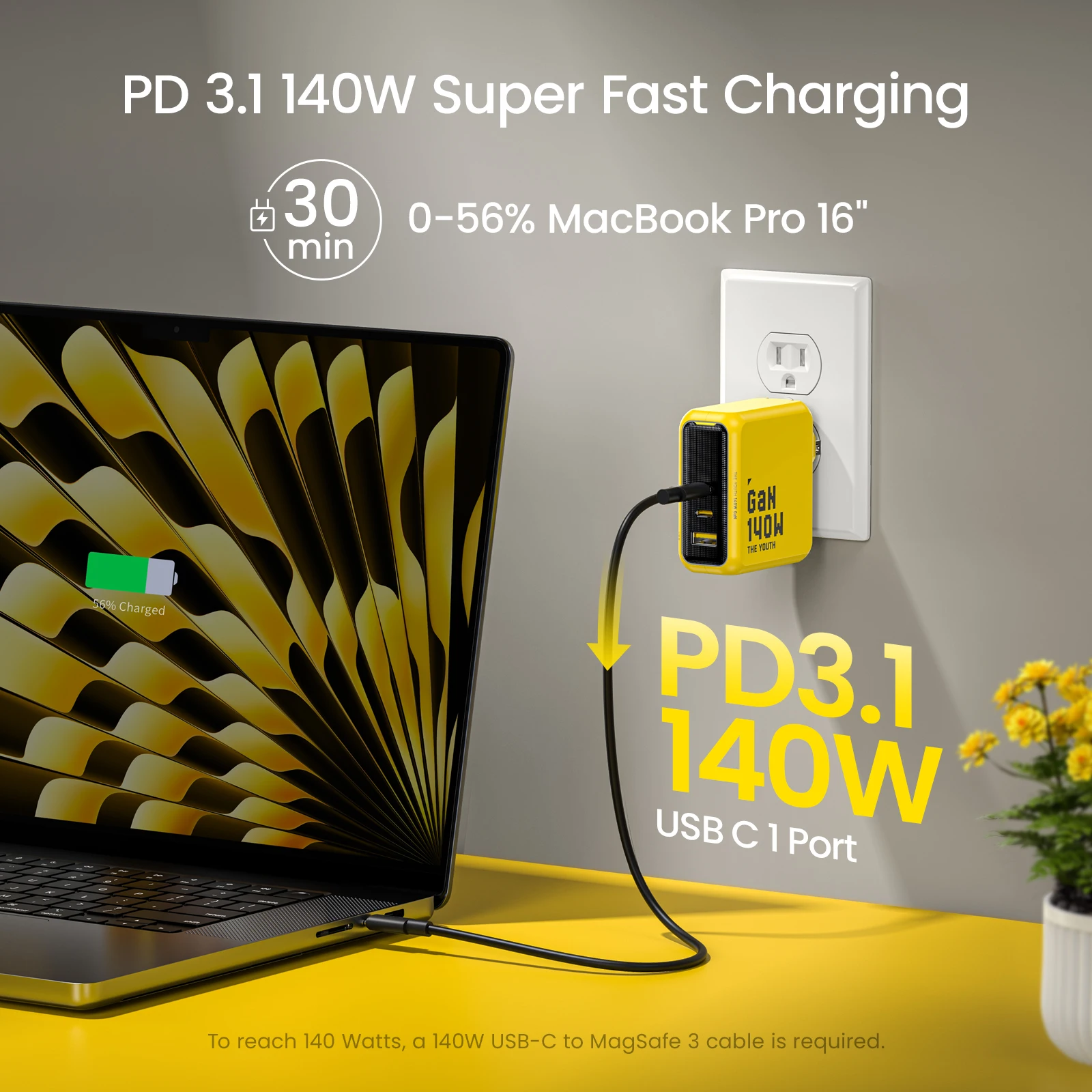 AOHI Youth 140W GaN Charger PD3.1 3-Port Type C Quick Charge For Macbook Pro Laptop USB Fast Charger For iPhone 16 Xiaomi Tablet