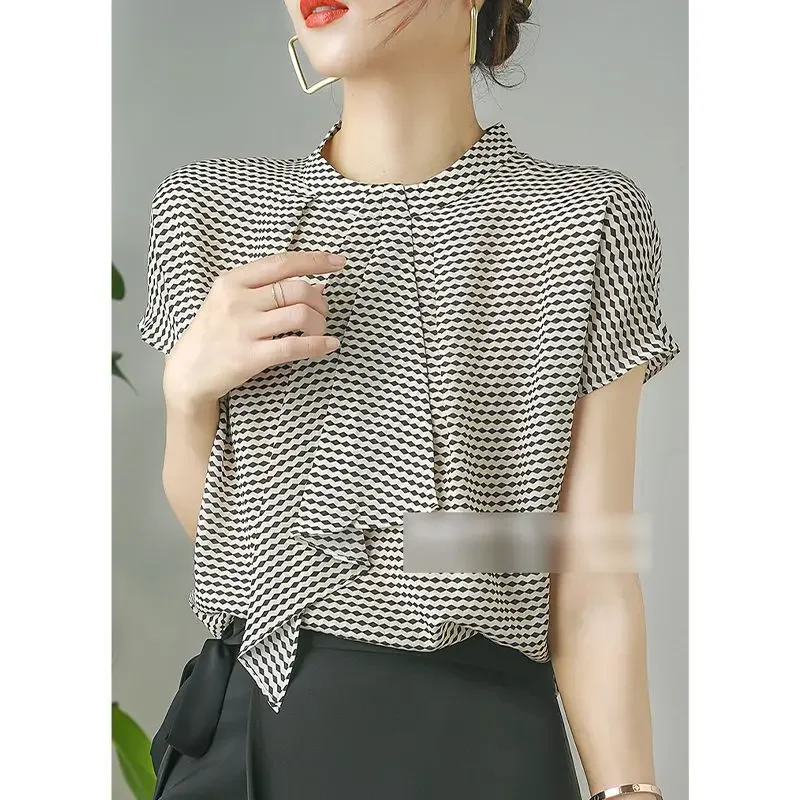 Striped Chiffon Shirt  Women Short-sleeved Fashionable Loose French Chic Feminine Belly Covering Top XQ394