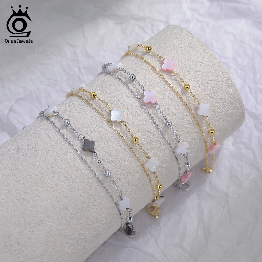 ORSA JEWELS 925 Sterling Silver Four-Leaf Clover Shell Bracelet for Women Lucky Natural Shell Hand Chain Dainty Jewelry GMB66