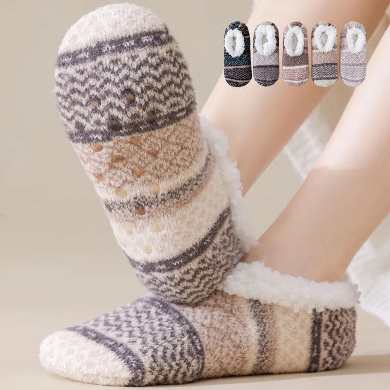 

Термальные женские зимние носки, пушистые зимние теплые нескользящие тапочки, женские утепленные домашние носки-лодочки, мягкие напольные носки, вязаные ковровые носки