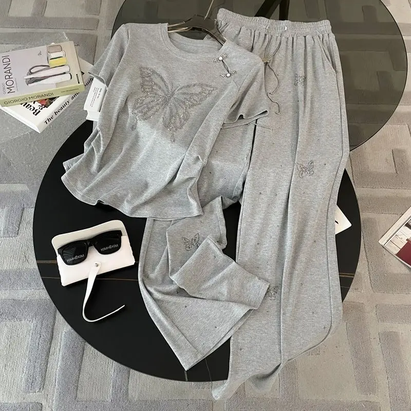 

Grey Butterfly Leisure Sports Set Summer Stylish Slimming Top High Waist Wide Leg Pants Fashion Two Piece Set