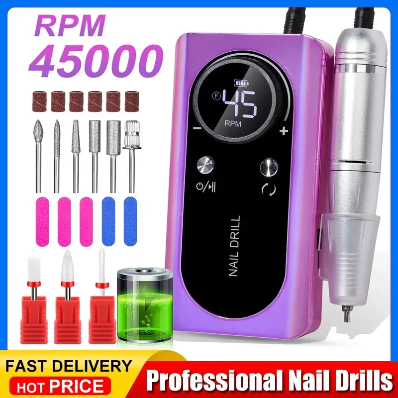 

45000 об/мин, набор сверл для ногтей, перезаряжаемая электрическая портативная шлифовальная машинка для ногтей, пилка для гель-полировки ногтей для маникюрного салона, дома