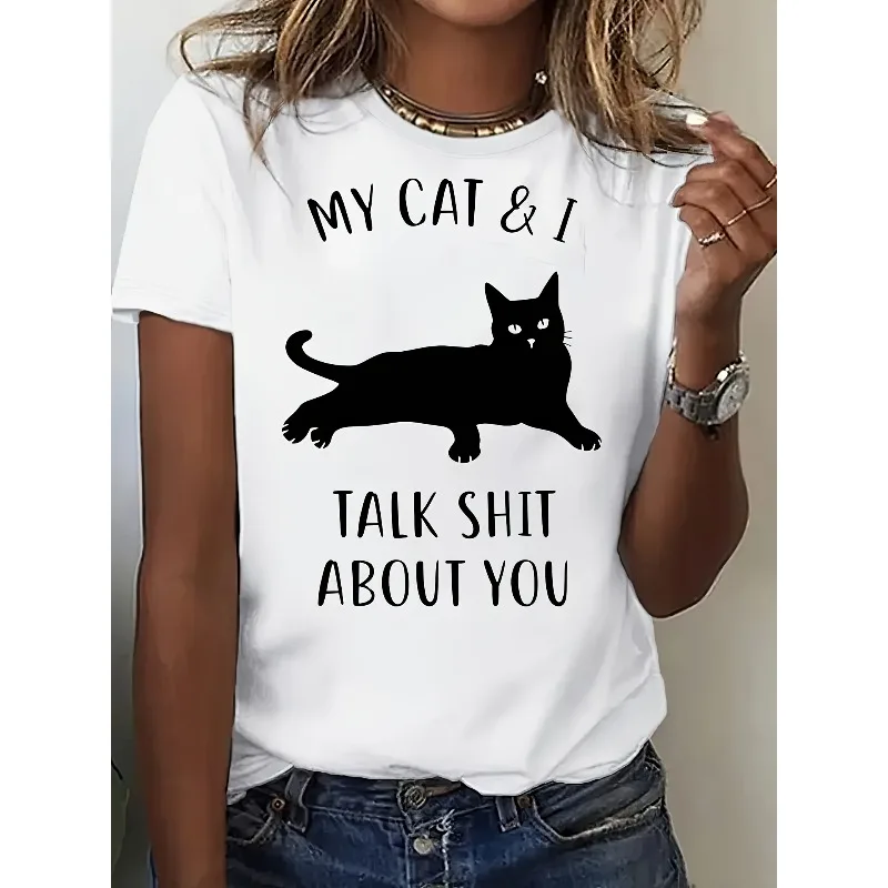 

Ladies' Casual Pattern Printed Short Sleeved Round Neck Top Humorous Cat Fashion T-shirt Black Cat Silhouette Funny T-shirt