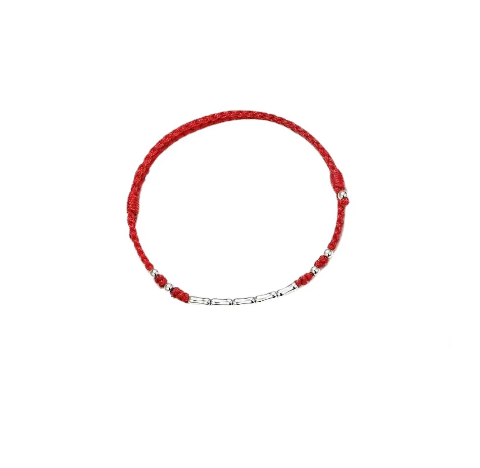 Pulsera de Hilo Rojo con Tubo de Bambú de Plata de Ley S925, Brazalete Trenzado Ajustable de la Suerte para Mujer, Regalo para Amiga con Caja de Regalo