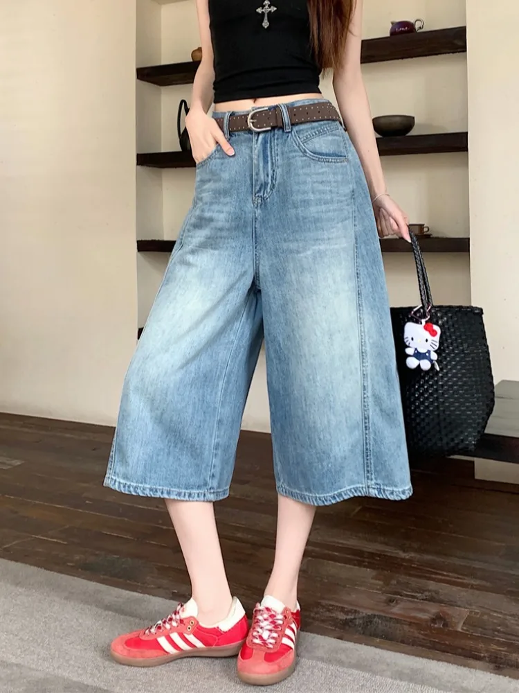 

Retro American Blue Washed Denim Jeans Women's Summer Slimming Wide Leg Pants High Waist Casual Style Seven-Foot Length