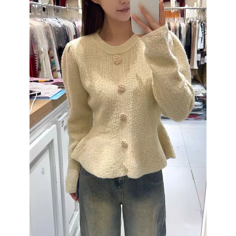 

Элегантный вязаный кардиган с круглым вырезом и длинными рукавами, женский модный топ