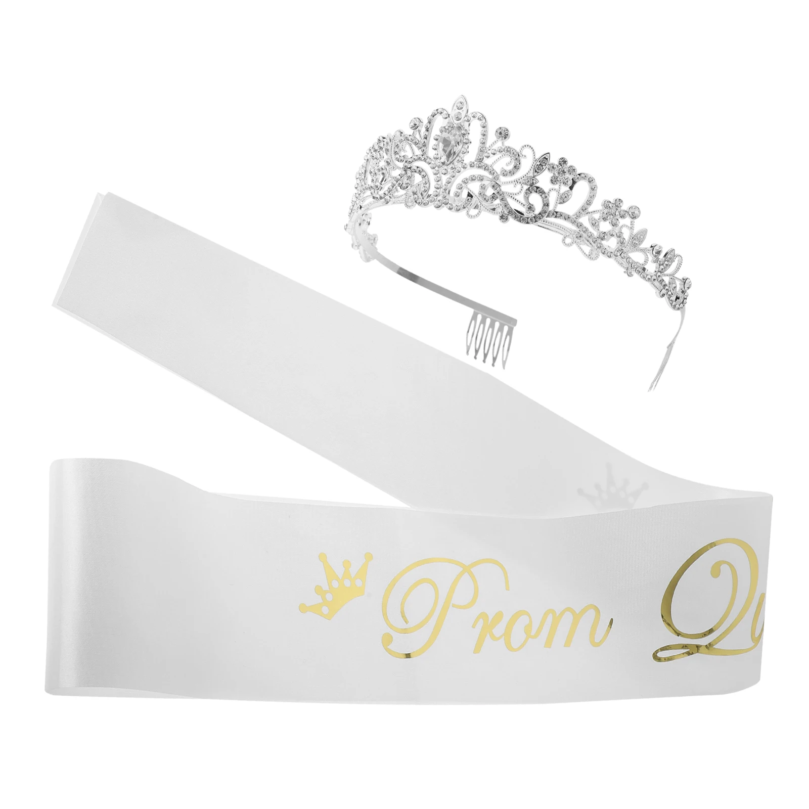 

Crown Headdress Prom Queen Sash Set Satin White Graduation Decorations Party Hats Accessories Rhinestone