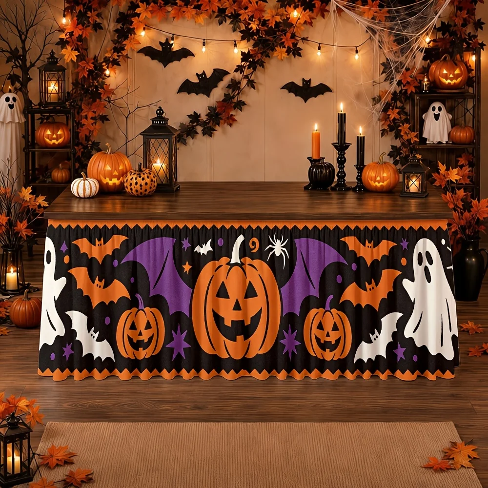 Halloween-themed tablecloth, featuring terrifying pumpkins, ghosts, bats and stars, in purple and orange colors.zyc