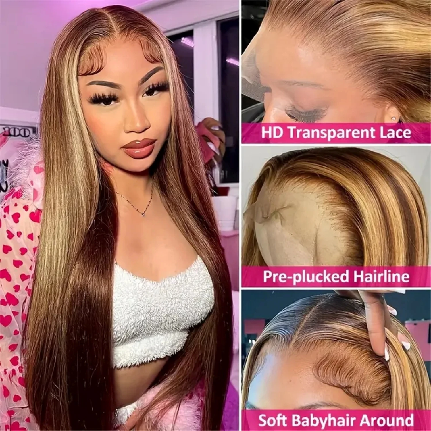 13x4 Strsight 4/27 Honey Blonde Pre Plucked Transparent HD Lace Front Wigs 180% Density For Women 24 Inch Highlight Ombre 13x6