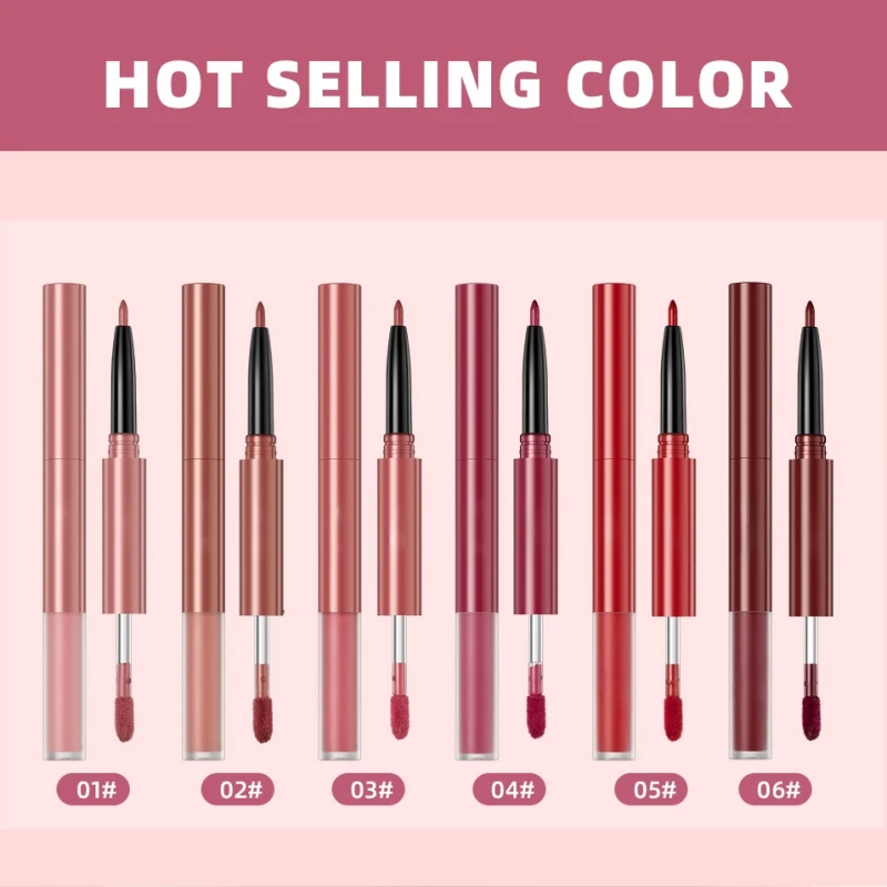 6 Colors Double-end Lip Gloss Waterproof Lipstick Pen Long Lasting Sexy Red Lipgloss Beauty Matte Lip Liner Pen Lips Makeup