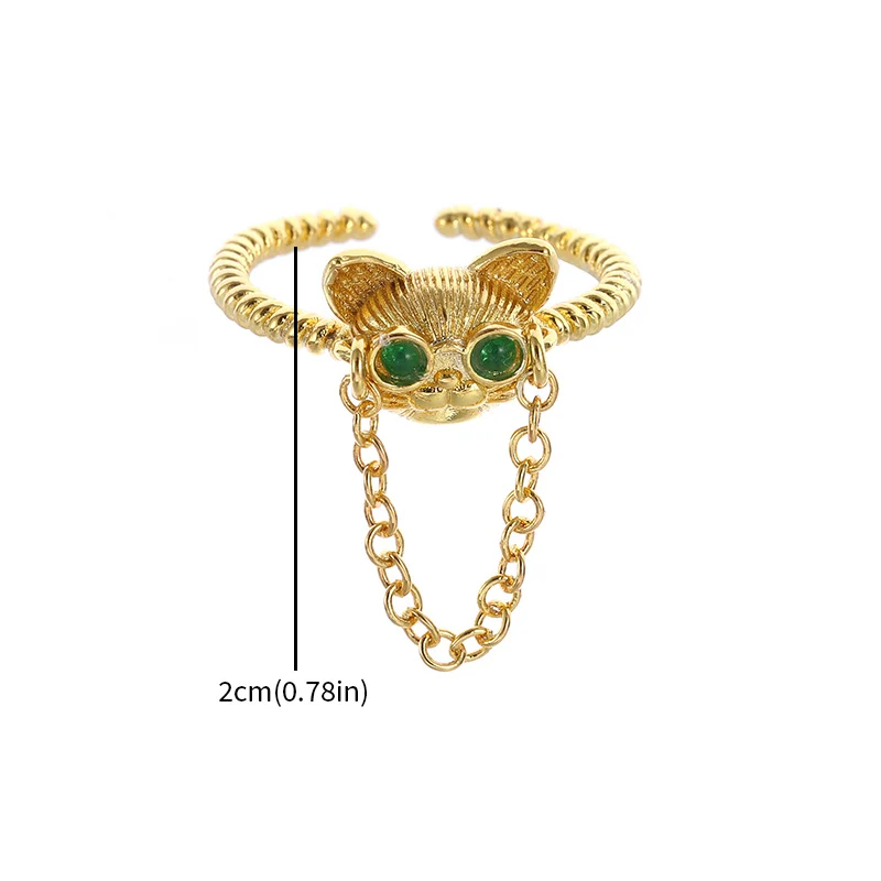 Gold Color Cute Cat Head Chain with Glasses Ring Green Zircon Animal Dog Adjustable Ring Men and Women Hip Hop Trendy Jewelry