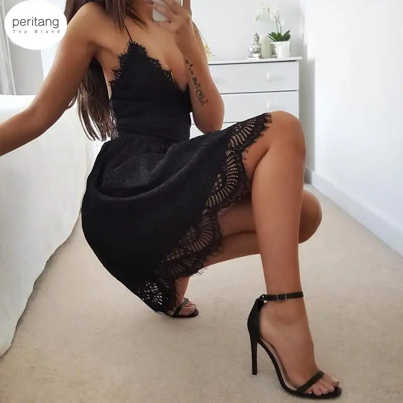 

Backless Spaghetti Strap Sexy Lace Dress Women Sleeveless V-Neck Loose Summer Dress Cotton Black Elegant Party Dresses Female