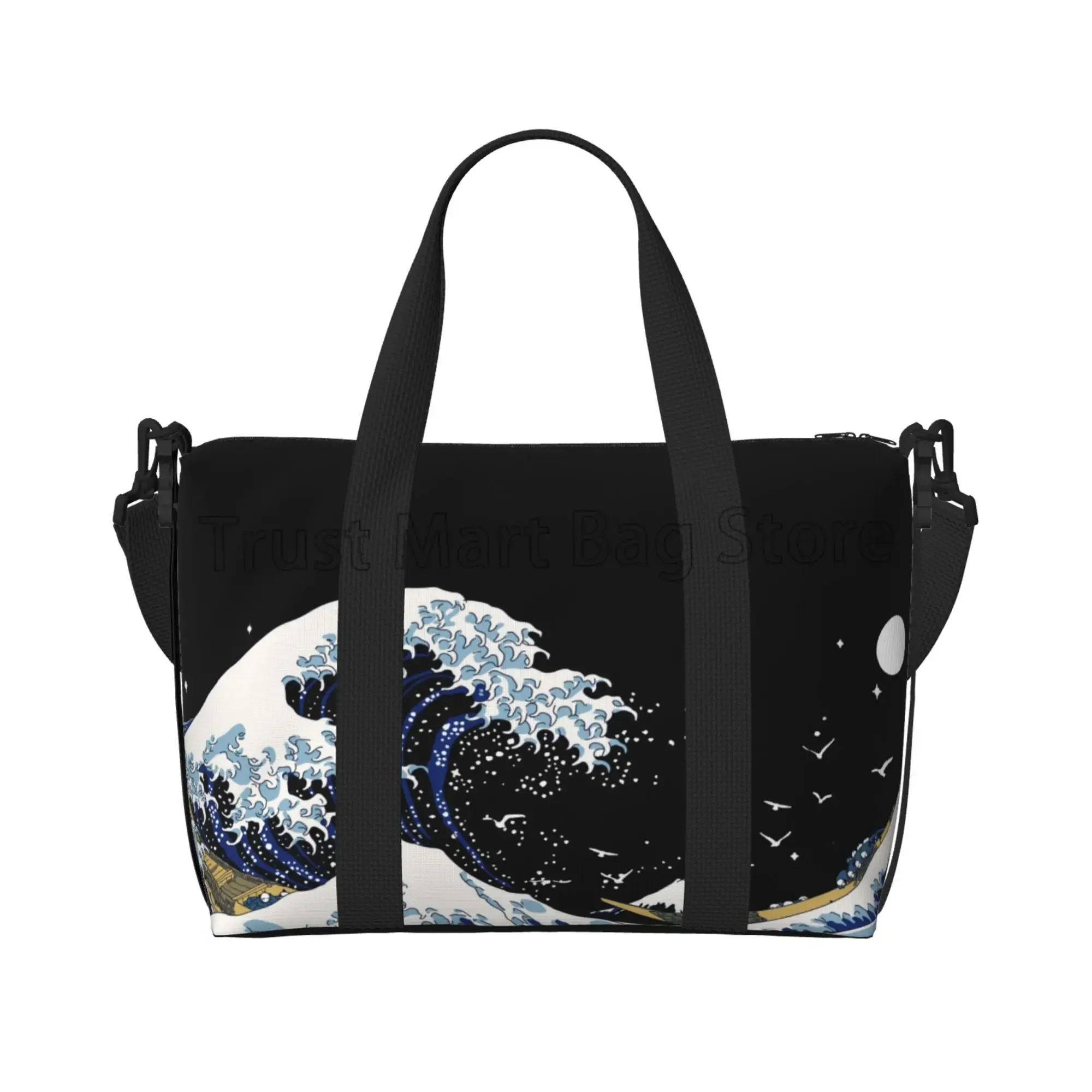 Japanese Black Sea Wave Travel Duffel Bag Large Capacity Luggage Bag Portable Waterproof Tote Bags Weekender Overnight Handbag