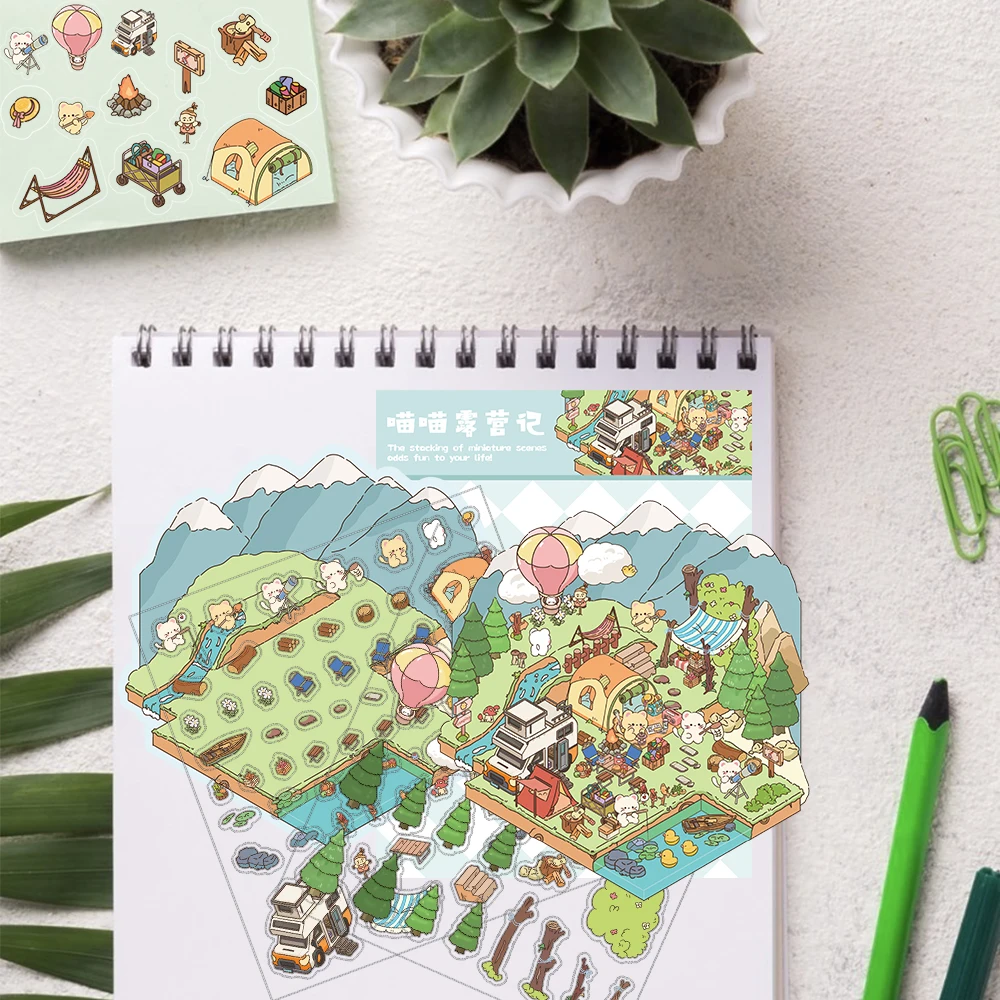 1 ชุด DIY 3D Meow Meow Camping Miniature สติกเกอร์การ์ตูนฉากสัตว์สําหรับทําฉากของคุณเองเพื่อบรรเทาความเครียดผ่านเวลา