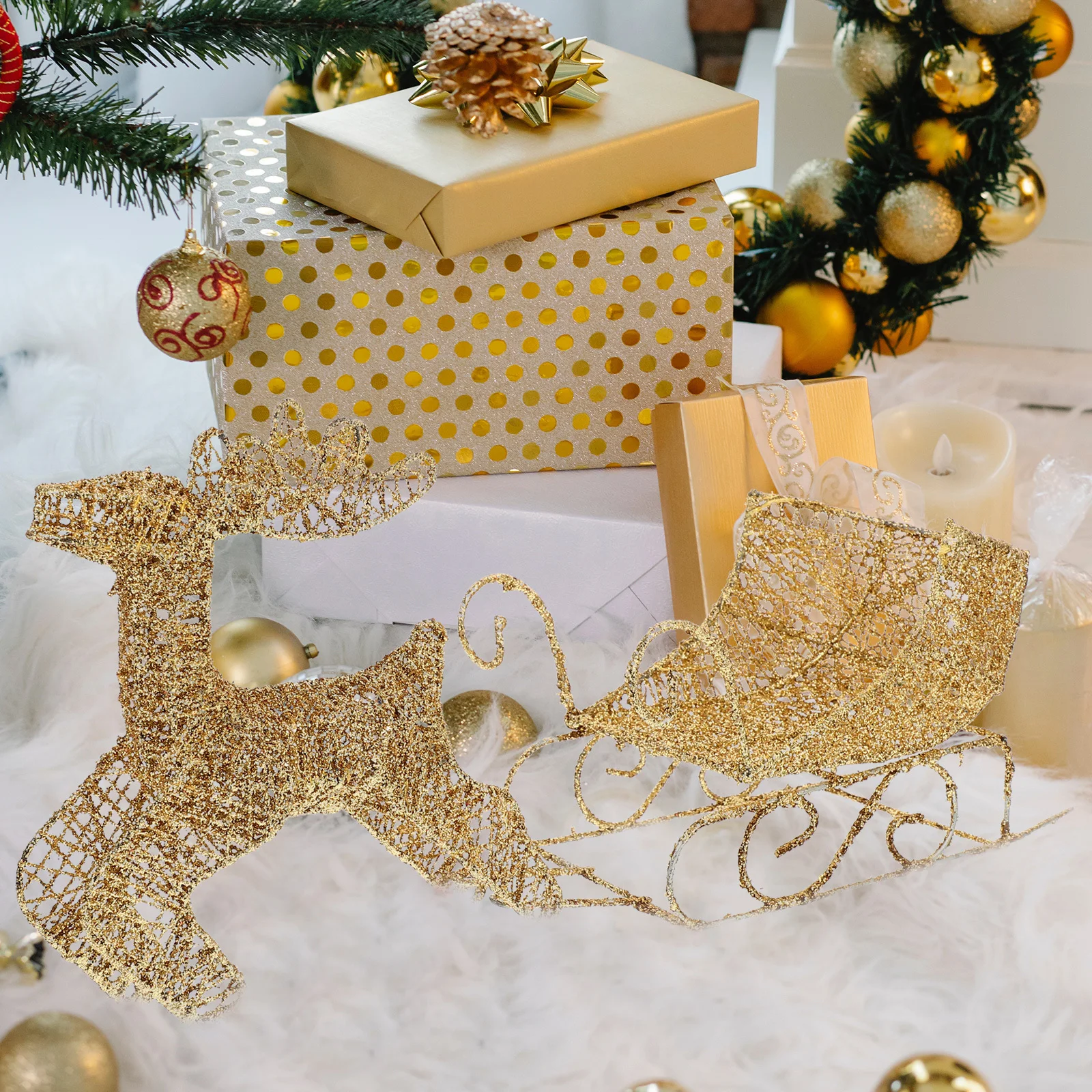 

1Set Christmas Reindeer and Sleigh Set Festival Prop Eyecatching Decorative Ornament Desktop Sleigh Car Festival Prop