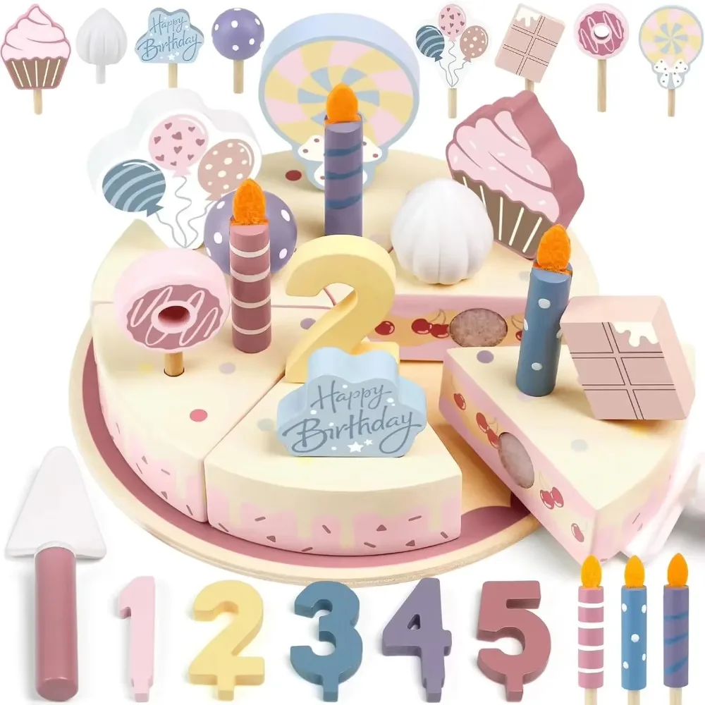 Wooden Kids Kitchen Pretend Play Set Simulation Birthday Cake Cutting Food Toy Role Play Game Educational Gift for Boys Girls