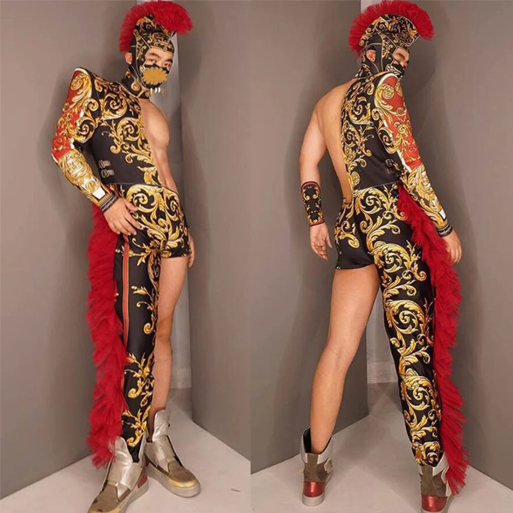 Fashion Floral Print Women Men Bodysuits Red Tassel Asymmetrical Jumpsuits DJ Singer Dance Stage Wear Role-Playing Costumes