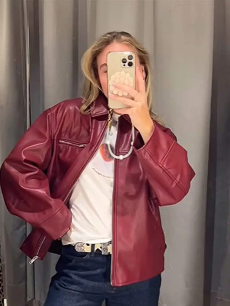 

Women's Retro Red Front Zipper Leather Jackets Chic Turndown Collar Long Sleeves Bomber Coat 2024 Fashion Lady Biker Streetwear