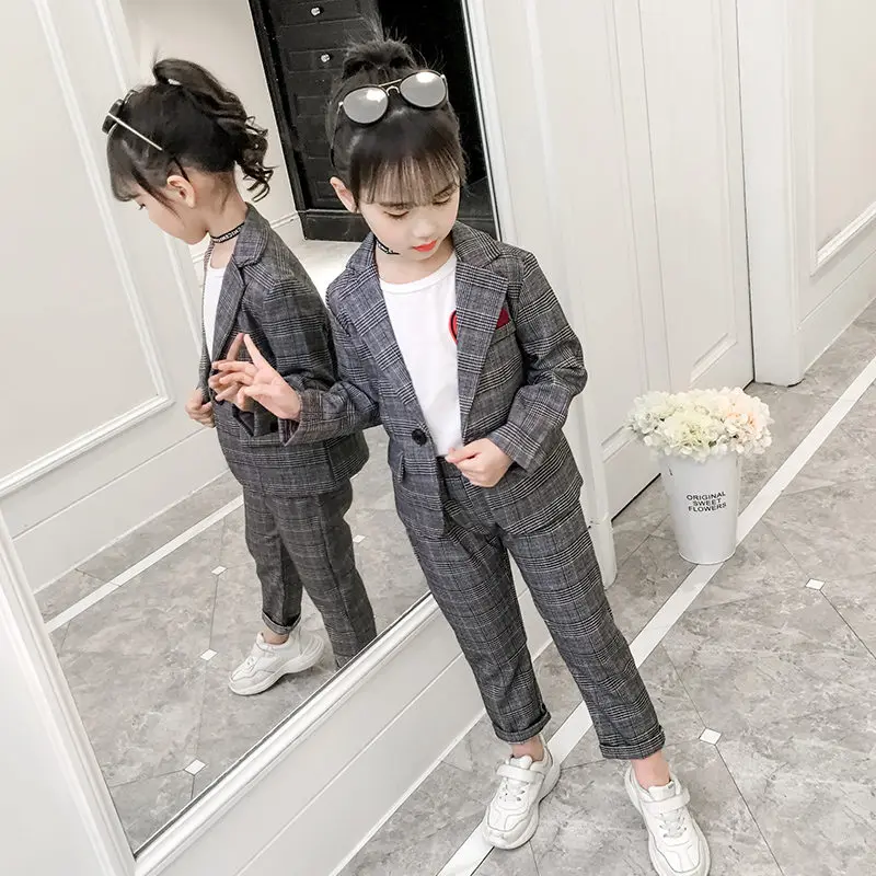 Fashion Wedding Kids Suit for Girls Formal Pant Suits for Teenagers 2PCS Blazer Set Brand Plaid Children Blazer 4 5 7 9 11 13T