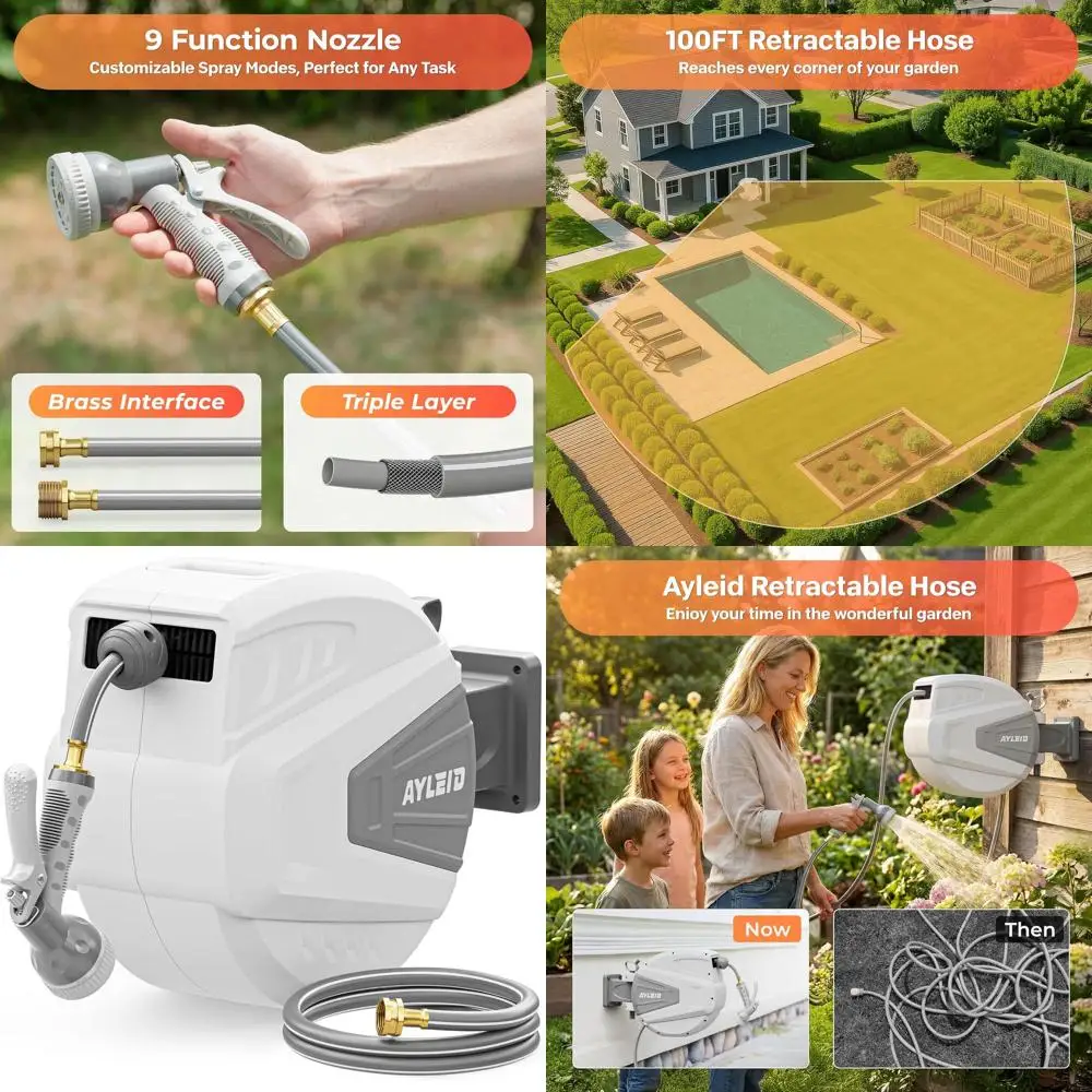 

Выдвижной садовый шланг, 1/2 дюйма x 100 футов, настенный, с 9-функциональной насадкой-распылителем, система фиксации любой длины/система медленного возврата/защита от перегибов.