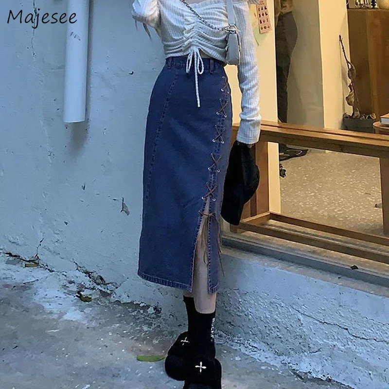 

Skirts Women Sexy All-match Denim Mid-calf Korean Style Elegant New Arrival Hot Sale Bandage Spring Street Wear Trendy Popular