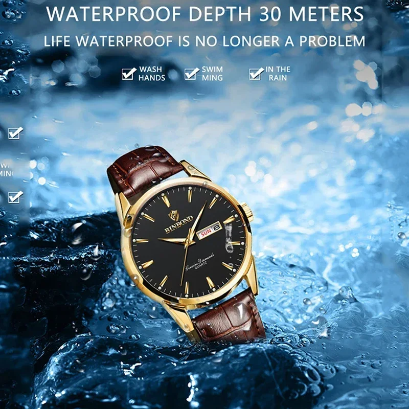 BINBOND мужские кварцевые часы брендовые роскошные повседневные модные мужские часы для подарков дышащие кожаные водонепроницаемые светящиеся наручные часы