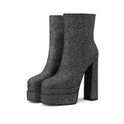 Glitter Bling Double Platform Women Boots Chunky High Heel Round Toe Ankle Shoes Woman Elegant Sexy Luxury Design Chelsea Boots