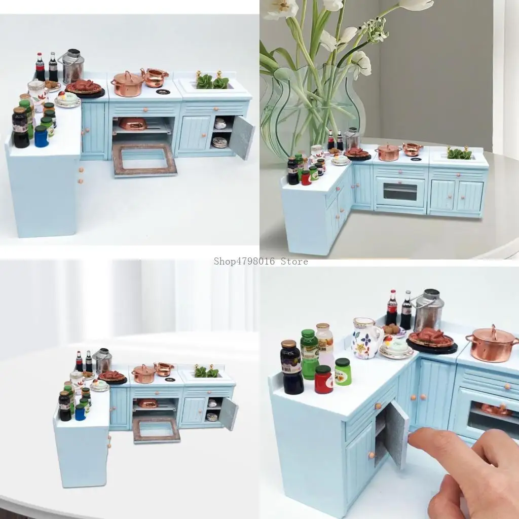 

1/12 Dollhouses Furniture Kitchen Cabinet with Sink and Cooking Stove for Interactive Fun Children Collectible Toy