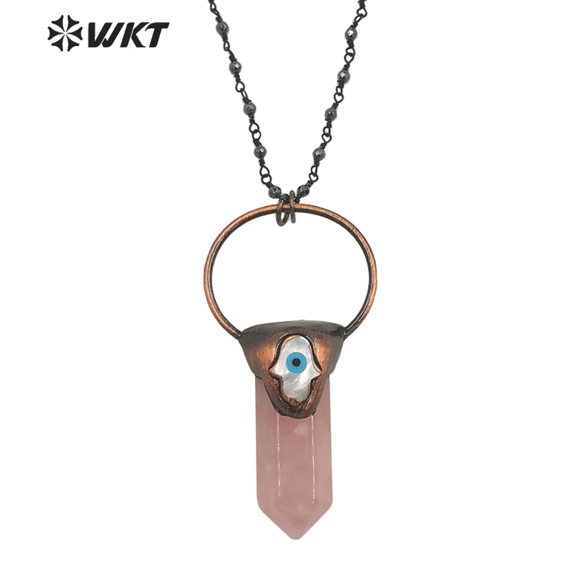 WT-N1391 Vintage Bohemian hexagona rose quartz stone necklace Antique copper hematite beads chain pendant necklace with handsha