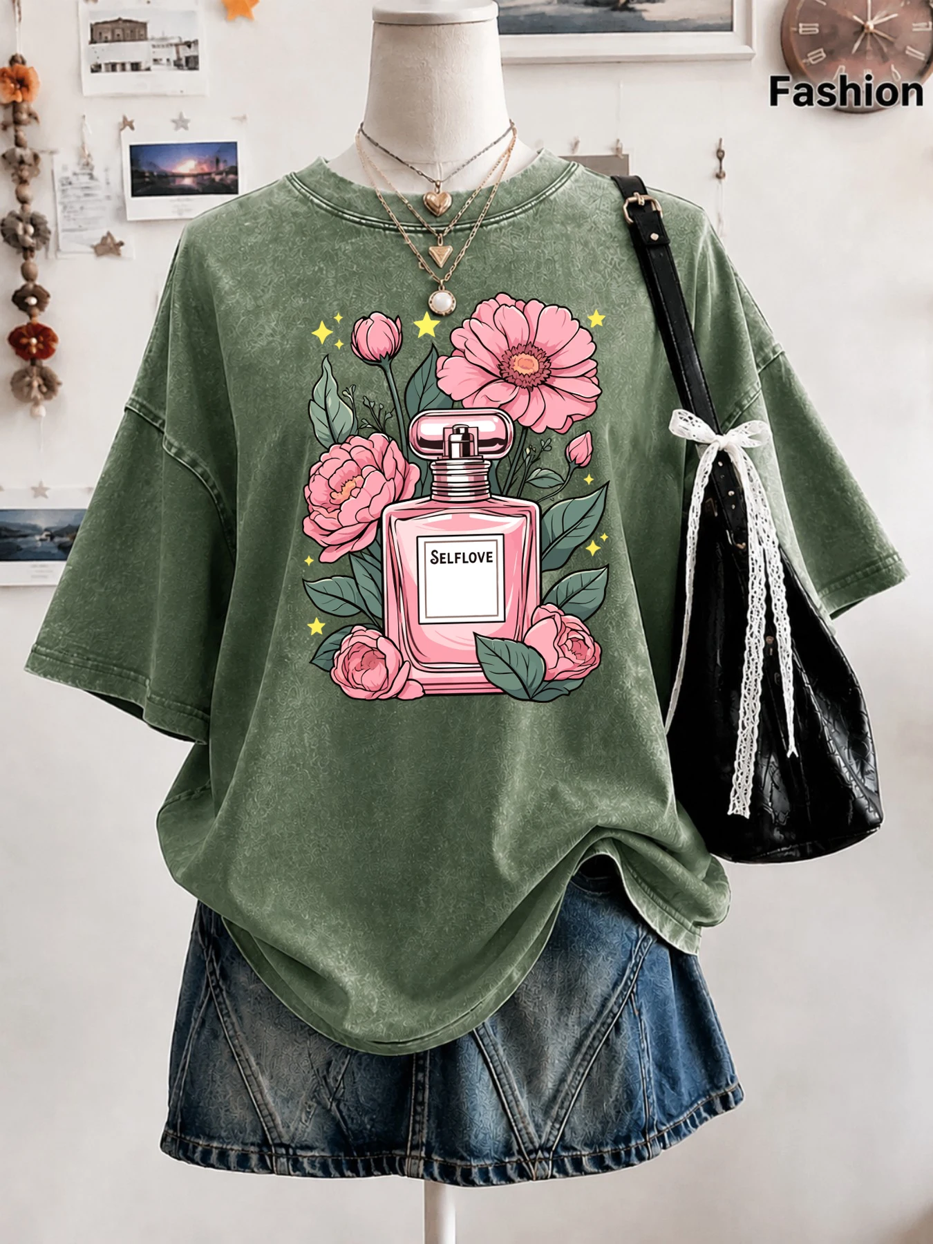 Self Love Perfume Pink Floral Art Print Women'S Washed T-Shirt Casual Loose T Shirt O-Neck Summer Short Sleeve Cotton Gym Tops