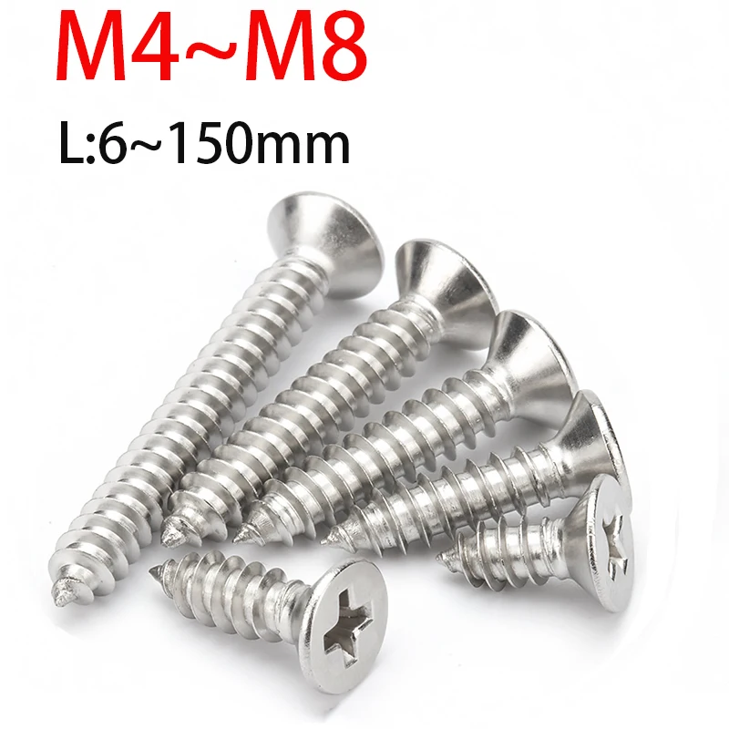 1~10pcs 304 Stainless Steel Phillips Recessed Countersunk Head Self-tapping Screws M4 M5 M6 M8 6mm~150mm