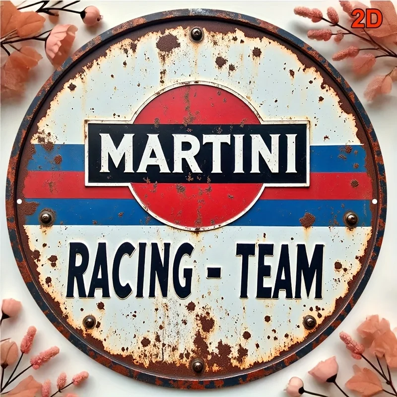 2D flaches 1-teiliges rundes Martini-Rennteam-Retro-Wandlogo aus Holz, rote, blaue und weiße Streifen, geeignet für Garage, Herrenhöhle – Detail 7