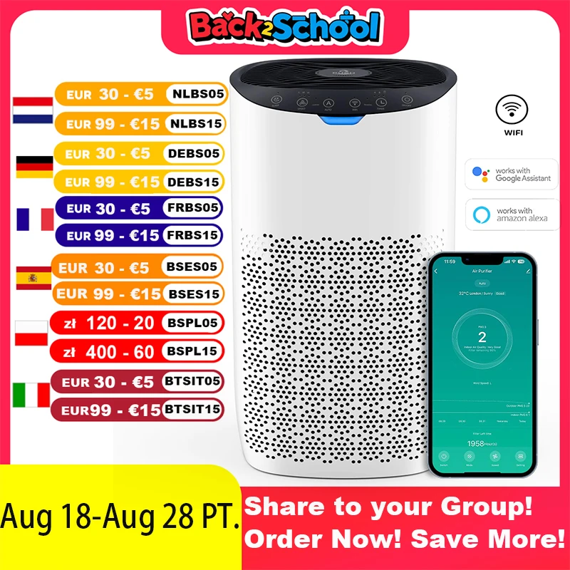 AROEVE Luftreiniger CADR 300 m3/h, WLAN 80-120 ㎡ , Duft-App-Sprachsteuerung, automatischer Modus, verhindert Pollen, Staub und Tierhaargerüche