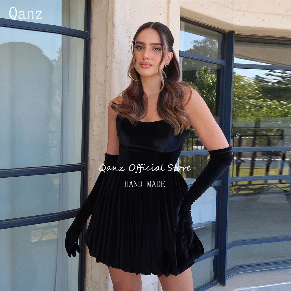 Qanz Black Velvet Prom Dresses Short A Line Lace Up Back with Gloves Vestidos De Graduación Bespoke Occasion Dresses Customized