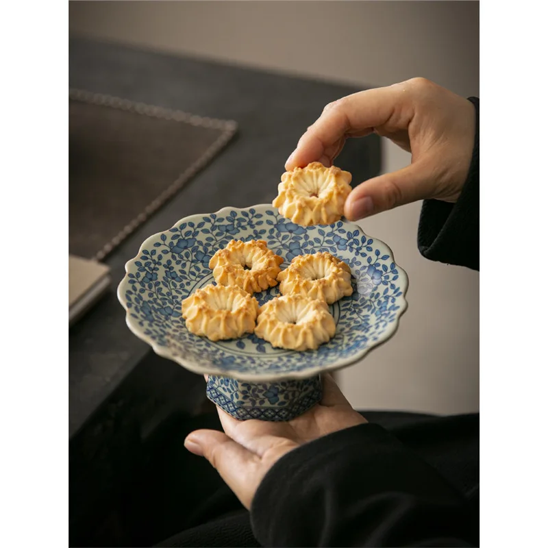 

HYS blue and white porcelain fruit plate, living room coffee table, household ceramic refreshment snack plate, high-footed