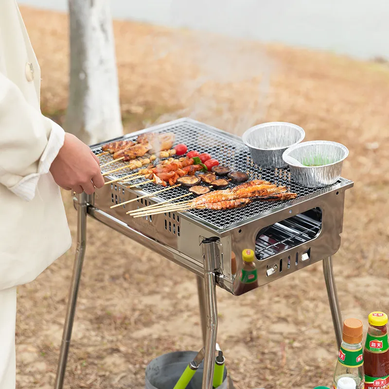 For Stainless Steel Foldable BBQ Grill with Adjustable Grate, Portable Camping Charcoal Stove for Outdoor & Home Use