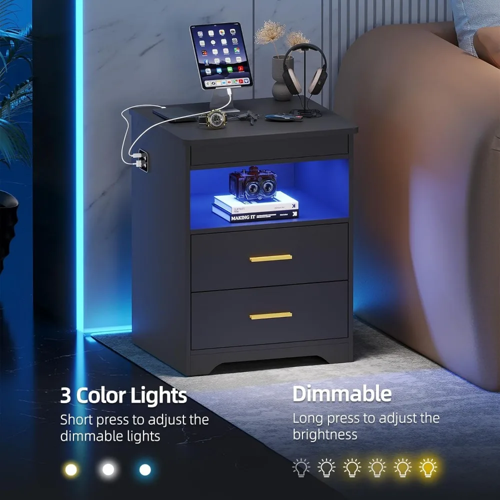 Mesita de noche contemporánea con almacenamiento oculto para armas, estación de carga y iluminación ajustable de 3 colores con sensor automático