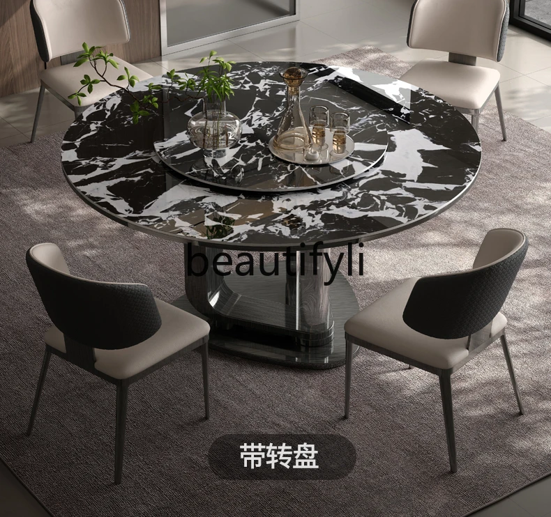 

high-end stainless steel microcrystalline stone luxury stone small apartment household with turntable round dining table