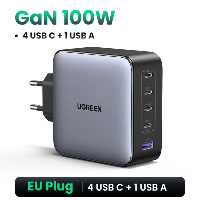 UGREEN 100W GaN Зарядное устройство 5 портов USB-C QC4.0 для ноутбуков и смартфонов — фото товара