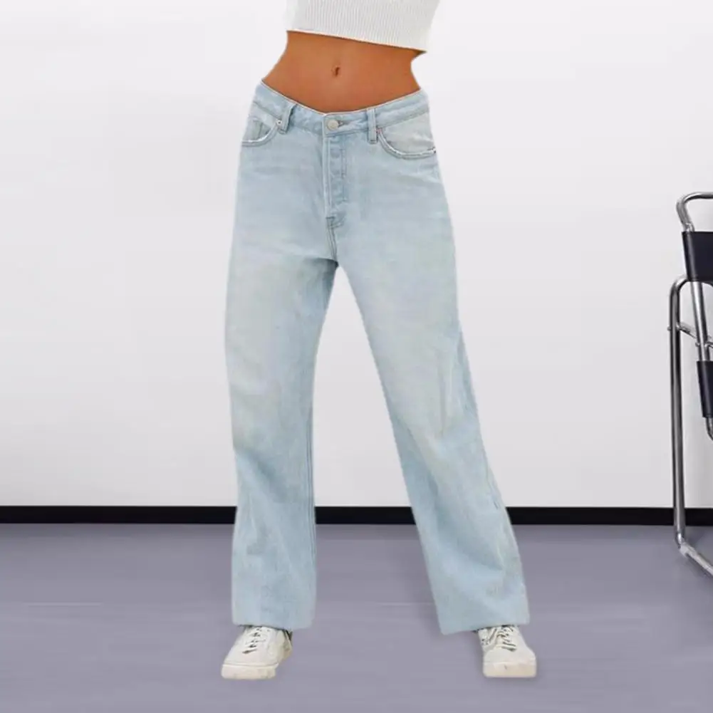 Full Length Flare Pants Women Jeans Denim Solid Pockets High Waist Loose Fit Streetwear Washing 2025 Zipper