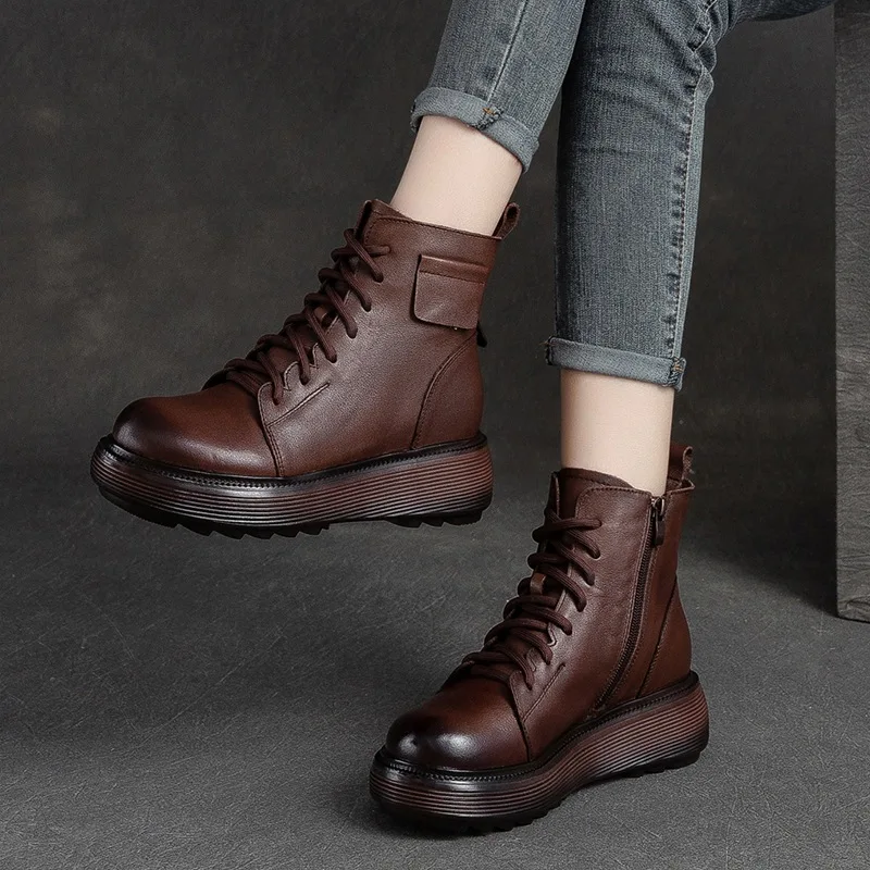 Koznoy 6cm Retro mokasyny wysokiej marki moda bydlęca prawdziwa skóra botki platforma sznurowane damskie buty wiosenne jesienne mieszkania
