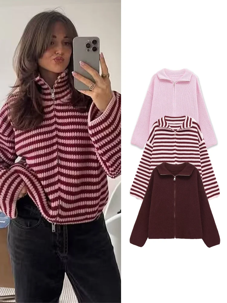 

Новая зимняя женская повседневная вязаная куртка, свободный вязаный свитер на молнии, кардиган с длинными рукавами и отложным воротником, модная женская одежда