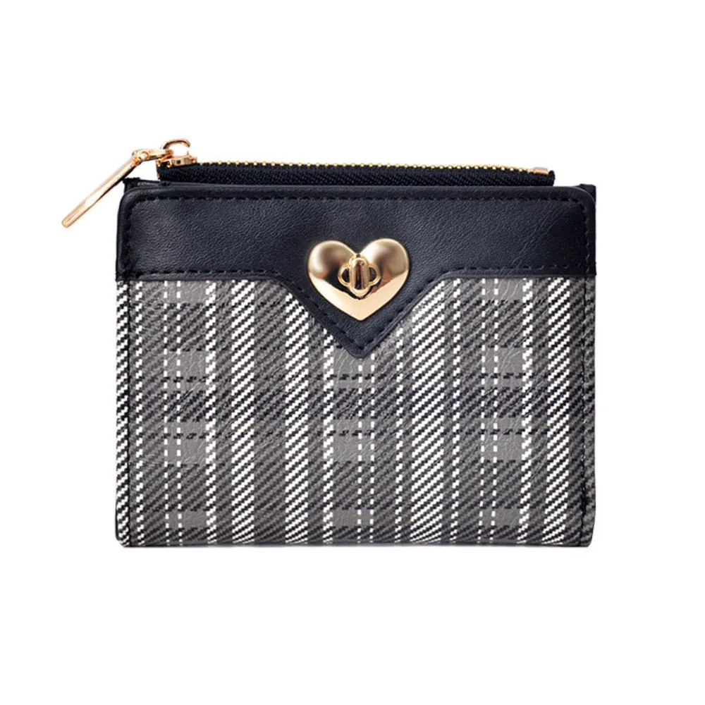 Nuevo Cartera corta de cuero PU con cremallera, tarjetero de gran capacidad, monedero a cuadros en forma de corazón para mujer