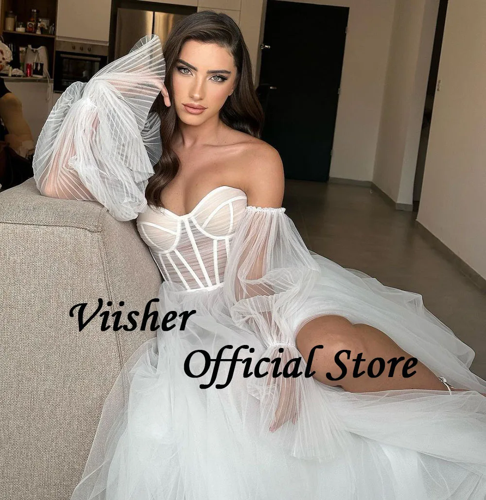 Viisher White Tulle Boho Wedding Dresses Bone Corset Sweetheart Beach Bride Dress 3/4 Sleeve Leg Split Bohemian Wedding Gowns